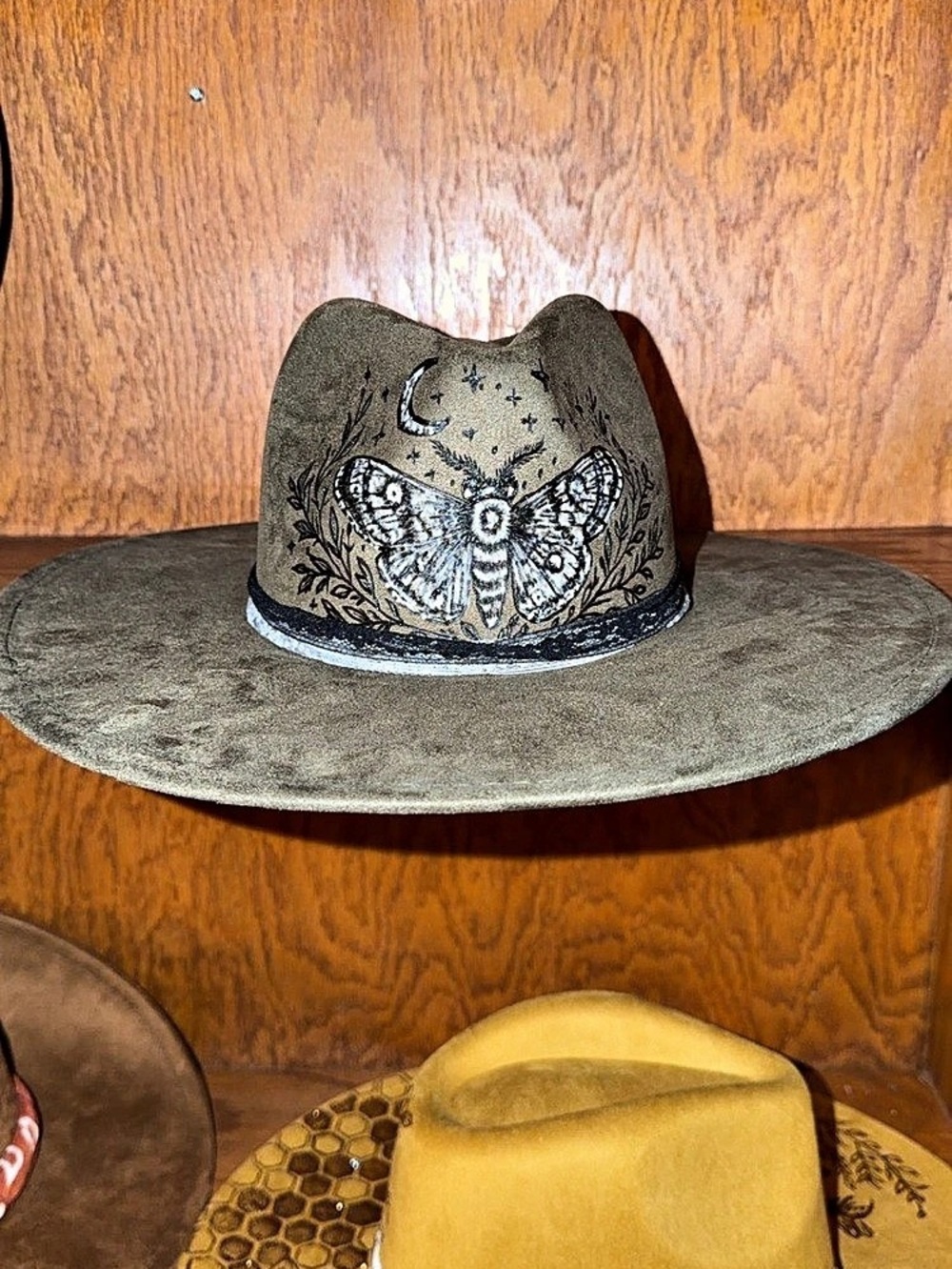 Olive vegan suede wide brim hat hand burned moth